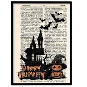 Vintage Dictionary Art Print Wall Hanging Pages Happy Halloween Pumpkin Boy mq